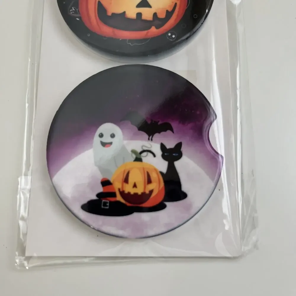 Custom Heat Printed Car Coasters Halloween Fall Designs Set Of 2